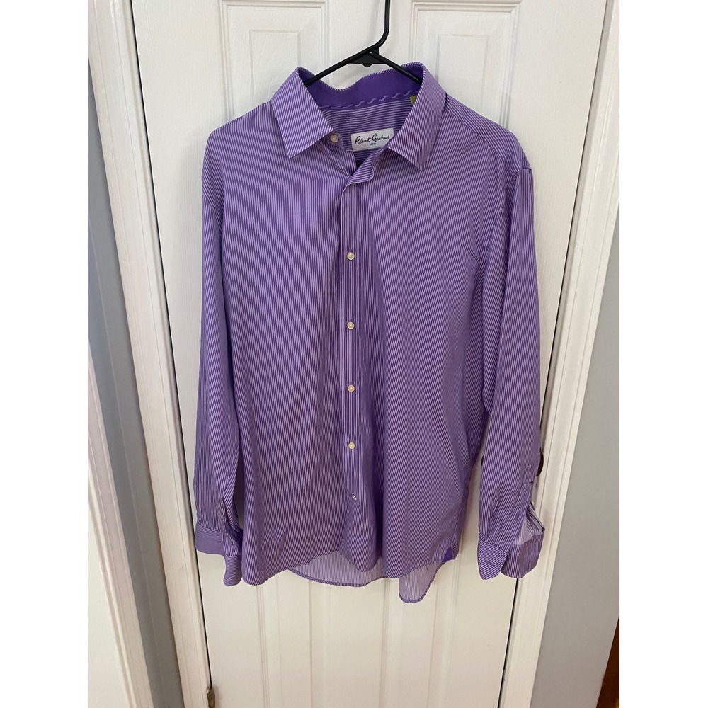 Robert Graham Button Down Shirt Mens 16.5 Purple White Striped Long Sleeve - Picture 2 of 7